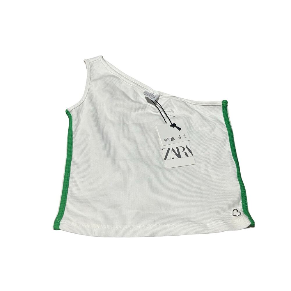 Zara white Kelley green one shoulder 13/14 stretchy cotton spandex tee nwt